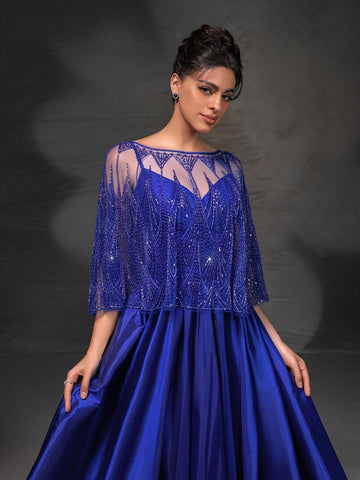 New High-End Elegant Heavy Industry Lace Shawl Spaghetti Strap Evening Dress