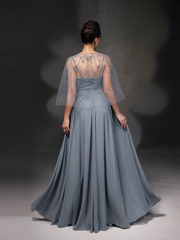 New High-End Gray Sleeveless Cape Style Evening Dress Set
