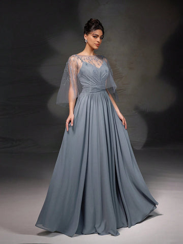 New High-End Gray Sleeveless Cape Style Evening Dress Set