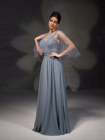New High-End Gray Sleeveless Cape Style Evening Dress Set