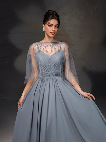 New High-End Gray Sleeveless Cape Style Evening Dress Set