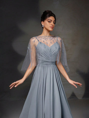New High-End Gray Sleeveless Cape Style Evening Dress Set
