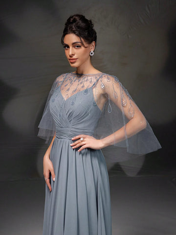 New High-End Gray Sleeveless Cape Style Evening Dress Set