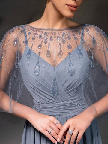 New High-End Gray Sleeveless Cape Style Evening Dress Set