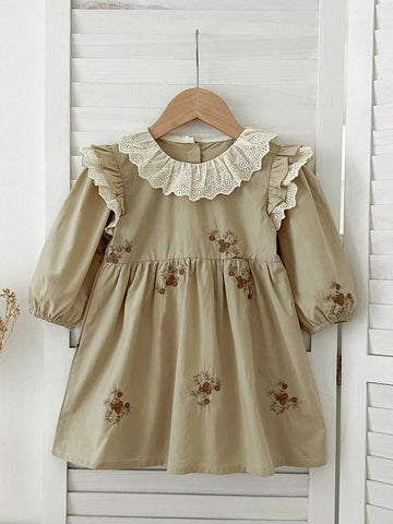 New Lace Collar Embroidered Princess Girls Long Sleeve Dress, Spring Autumn