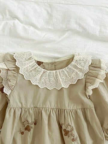 New Lace Collar Embroidered Princess Girls Long Sleeve Dress, Spring Autumn