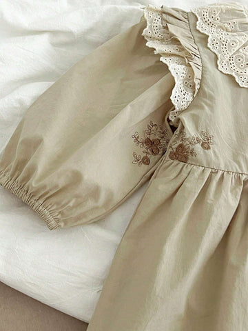 New Lace Collar Embroidered Princess Girls Long Sleeve Dress, Spring Autumn