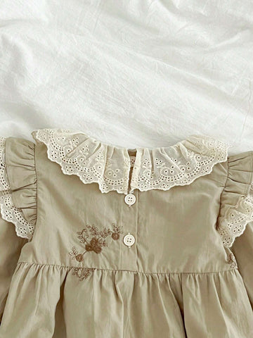 New Lace Collar Embroidered Princess Girls Long Sleeve Dress, Spring Autumn