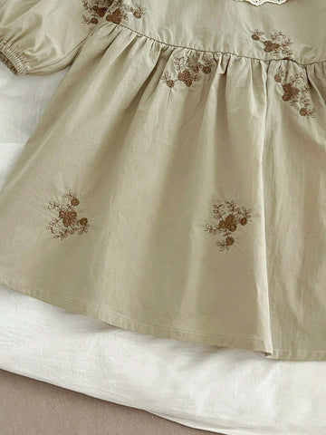 New Lace Collar Embroidered Princess Girls Long Sleeve Dress, Spring Autumn