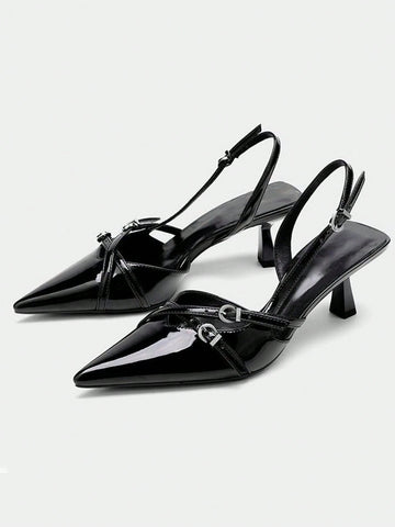 New Lady Summer UR Black Patent Leather Kitten Heel Sandals With Buckle, Pointed Toe High Heel Pumps