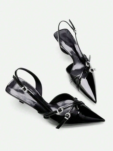 New Lady Summer UR Black Patent Leather Kitten Heel Sandals With Buckle, Pointed Toe High Heel Pumps