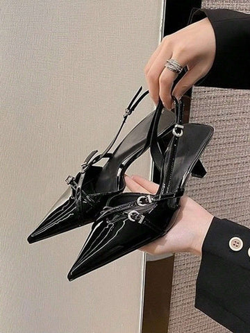 New Lady Summer UR Black Patent Leather Kitten Heel Sandals With Buckle, Pointed Toe High Heel Pumps