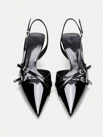 New Lady Summer UR Black Patent Leather Kitten Heel Sandals With Buckle, Pointed Toe High Heel Pumps