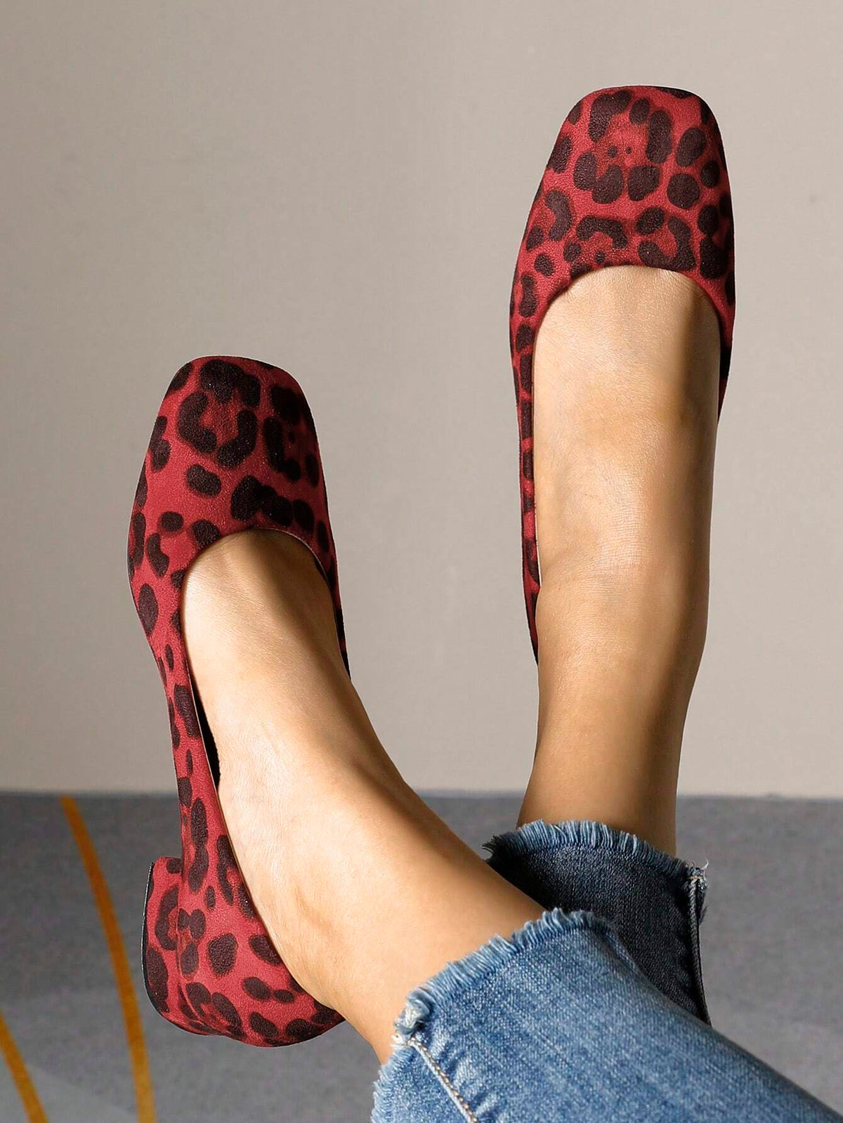 New Leopard Print Square Toe Plus Size Women Shoes, Thick Heel Slip-On Loafer Flats Casual Shoes For All Seasons