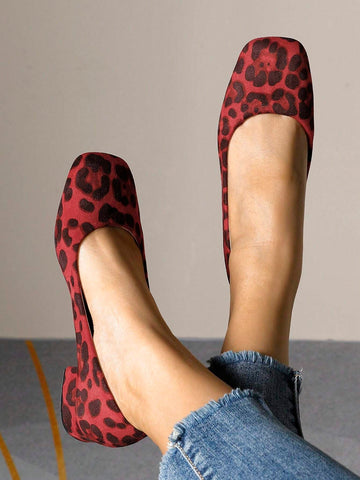 New Leopard Print Square Toe Plus Size Women Shoes, Thick Heel Slip-On Loafer Flats Casual Shoes For All Seasons