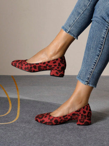 New Leopard Print Square Toe Plus Size Women Shoes, Thick Heel Slip-On Loafer Flats Casual Shoes For All Seasons