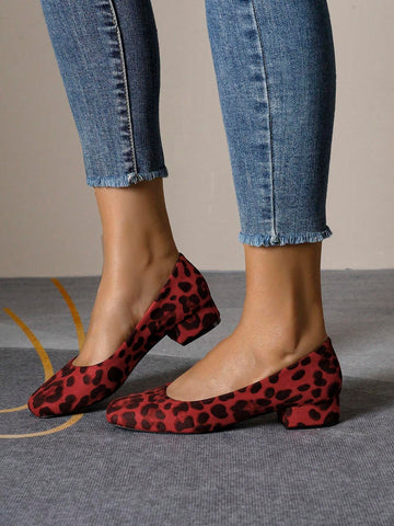 New Leopard Print Square Toe Plus Size Women Shoes, Thick Heel Slip-On Loafer Flats Casual Shoes For All Seasons