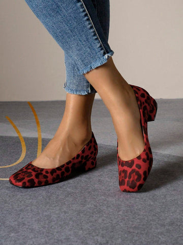New Leopard Print Square Toe Plus Size Women Shoes, Thick Heel Slip-On Loafer Flats Casual Shoes For All Seasons