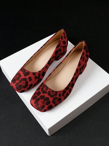 New Leopard Print Square Toe Plus Size Women Shoes, Thick Heel Slip-On Loafer Flats Casual Shoes For All Seasons