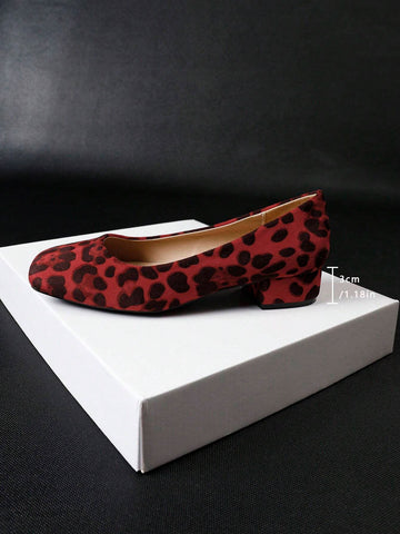 New Leopard Print Square Toe Plus Size Women Shoes, Thick Heel Slip-On Loafer Flats Casual Shoes For All Seasons