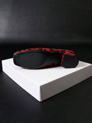 New Leopard Print Square Toe Plus Size Women Shoes, Thick Heel Slip-On Loafer Flats Casual Shoes For All Seasons