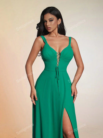 New Luxury Chic Solid Color Lace Up High Slit Sleeveless Summer Elegant Evening Gown