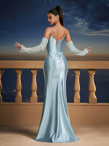 New Mermaid Style Light Blue Long Sleeve Split Maxi Dress With Sleeves, Bridesmaid Gown