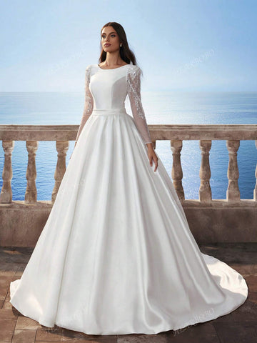 New Muslim Lace Long Sleeve Satin Wedding Dress, Dignified Bridal Gown