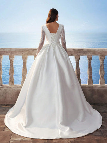 New Muslim Lace Long Sleeve Satin Wedding Dress, Dignified Bridal Gown