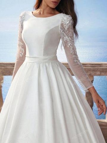 New Muslim Lace Long Sleeve Satin Wedding Dress, Dignified Bridal Gown