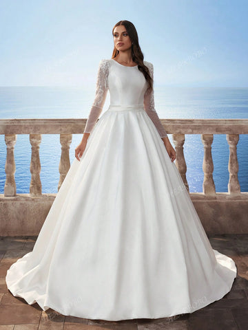 New Muslim Lace Long Sleeve Satin Wedding Dress, Dignified Bridal Gown