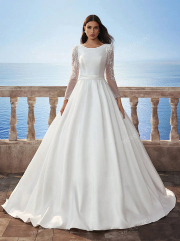 New Muslim Lace Long Sleeve Satin Wedding Dress, Dignified Bridal Gown