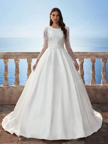 New Muslim Lace Long Sleeve Satin Wedding Dress, Dignified Bridal Gown