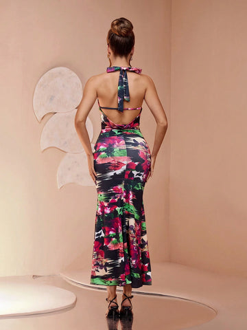 New Off-Shoulder Elegant Noble Manor Style Multi-Color Personality Print Knit Fabric Dress With Ruffle Neck, Side Slit, Ruched Waistline, Sexy & Slimming, Suitable For Banquets, Balls, Parties, Fierce Presence