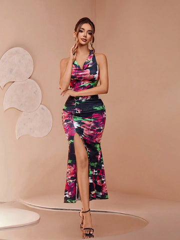 New Off-Shoulder Elegant Noble Manor Style Multi-Color Personality Print Knit Fabric Dress With Ruffle Neck, Side Slit, Ruched Waistline, Sexy & Slimming, Suitable For Banquets, Balls, Parties, Fierce Presence