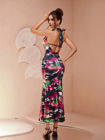 New Off-Shoulder Elegant Noble Manor Style Multi-Color Personality Print Knit Fabric Dress With Ruffle Neck, Side Slit, Ruched Waistline, Sexy & Slimming, Suitable For Banquets, Balls, Parties, Fierce Presence