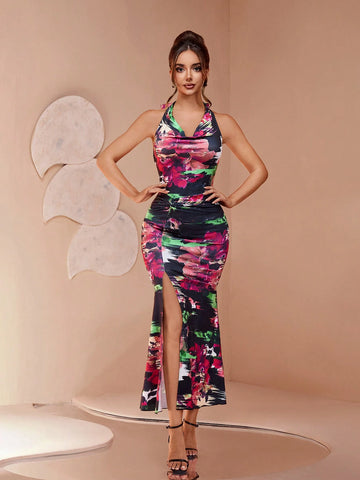 New Off-Shoulder Elegant Noble Manor Style Multi-Color Personality Print Knit Fabric Dress With Ruffle Neck, Side Slit, Ruched Waistline, Sexy & Slimming, Suitable For Banquets, Balls, Parties, Fierce Presence