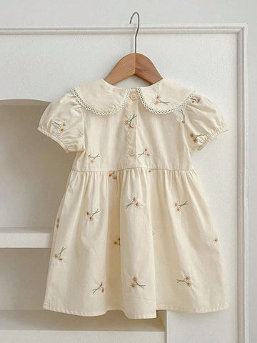 New Peter Pan Collar Embroidered Flower Short Sleeve Princess Dress For Girls