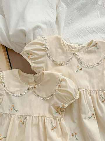 New Peter Pan Collar Embroidered Flower Short Sleeve Princess Dress For Girls