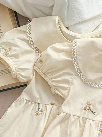 New Peter Pan Collar Embroidered Flower Short Sleeve Princess Dress For Girls