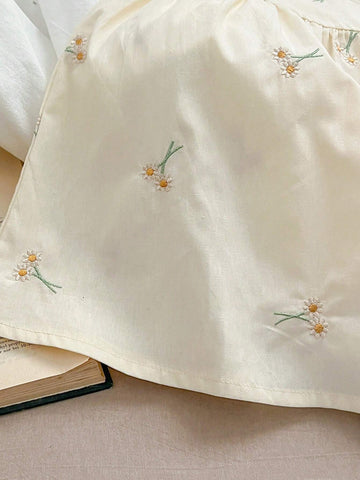 New Peter Pan Collar Embroidered Flower Short Sleeve Princess Dress For Girls