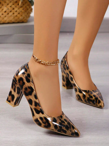 New Pointed Shallow Mouth Chunky Heel Women's Shoes, With Horsehair, Sexy French Style Leopard Print Fashion