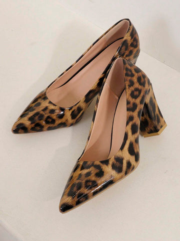 New Pointed Shallow Mouth Chunky Heel Women's Shoes, With Horsehair, Sexy French Style Leopard Print Fashion