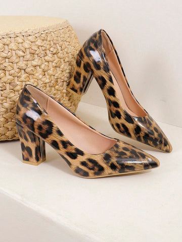 New Pointed Shallow Mouth Chunky Heel Women's Shoes, With Horsehair, Sexy French Style Leopard Print Fashion