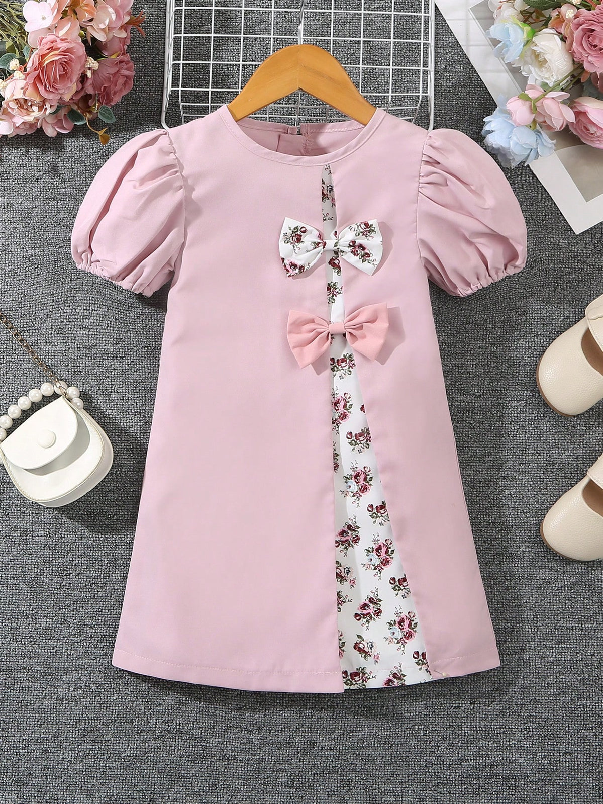 New Princess Style Children Girls Casual Bowknot Patchwork Dress, Suitable For 4-7 Years Old, Spring/Autumn
