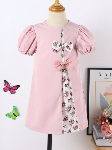 New Princess Style Children Girls Casual Bowknot Patchwork Dress, Suitable For 4-7 Years Old, Spring/Autumn