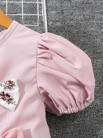 New Princess Style Children Girls Casual Bowknot Patchwork Dress, Suitable For 4-7 Years Old, Spring/Autumn