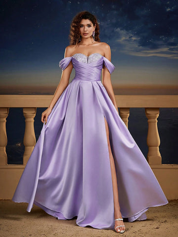 New Romantic Purple Off-Shoulder Short Sleeve Slit Long Dress, Bridesmaid Dress, Natural Country Wedding