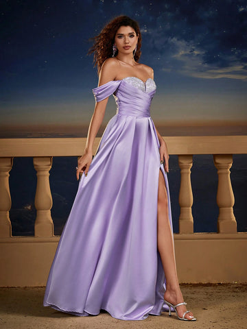New Romantic Purple Off-Shoulder Short Sleeve Slit Long Dress, Bridesmaid Dress, Natural Country Wedding