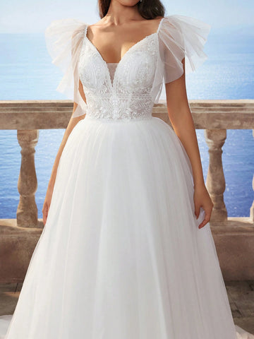 New Ruffled Sleeve Lace & Mesh Backless Wedding Dress
